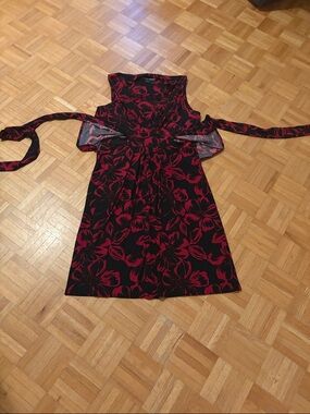 Sleeveless Black Dress with Red Floral Print